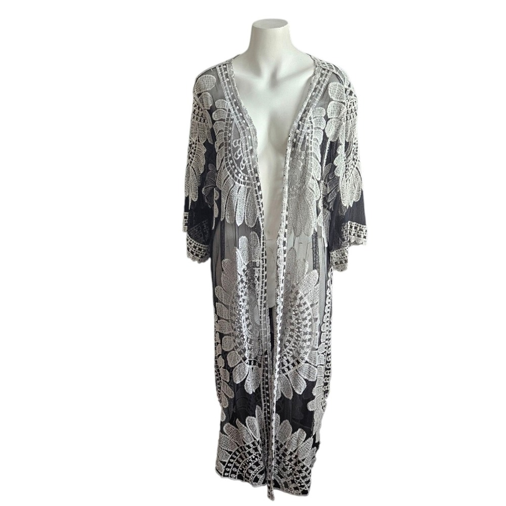 Womens Beach Coverup Duster Crochted Black‎ White OS